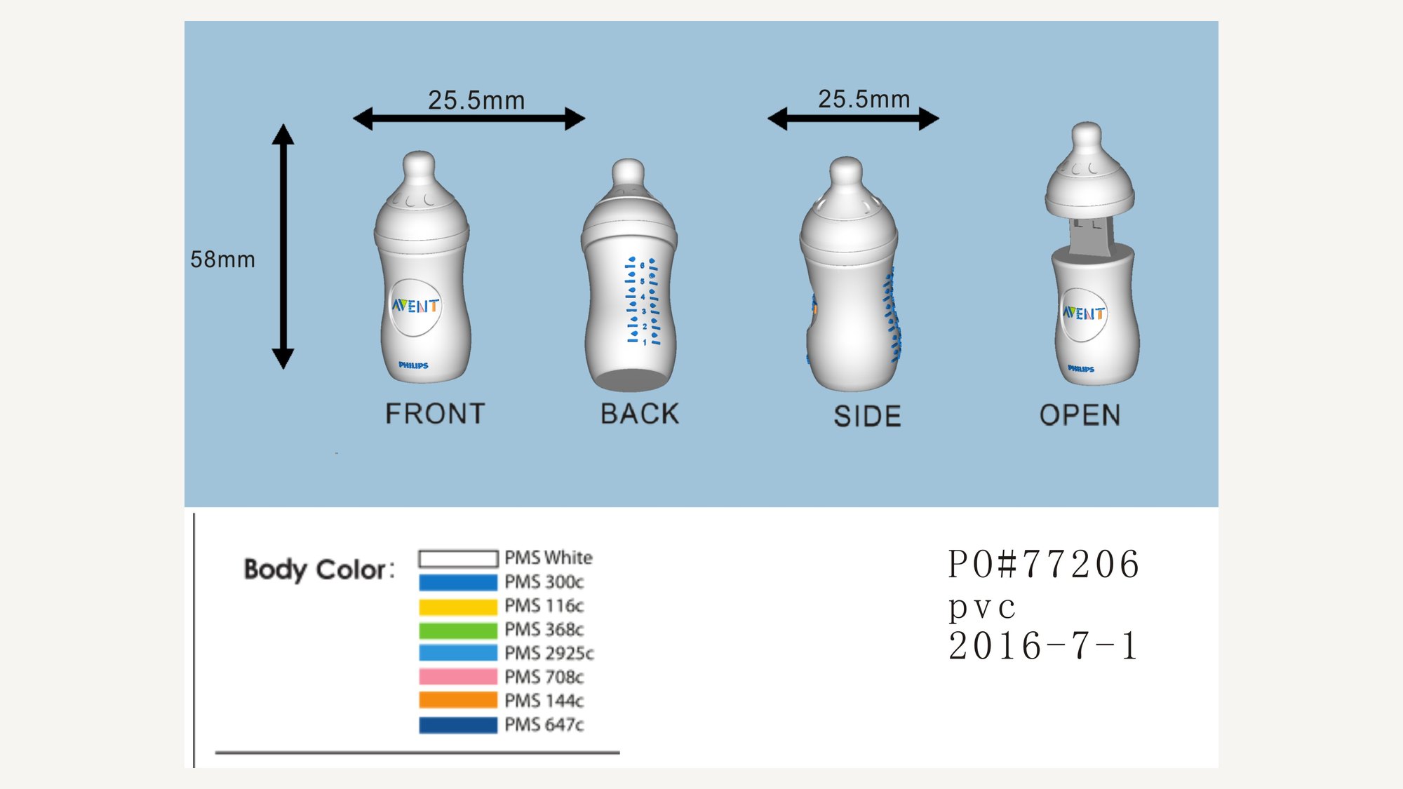 Plano de produccion acotado con vistas frontal, posterior, lateral y abierta de una forma de botella en PVC moldeado y tabla de colores