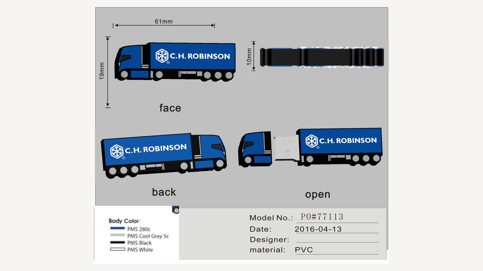 Plano 2D acotado con vistas frontal, posterior y abierta de una forma de camion en PVC moldeado