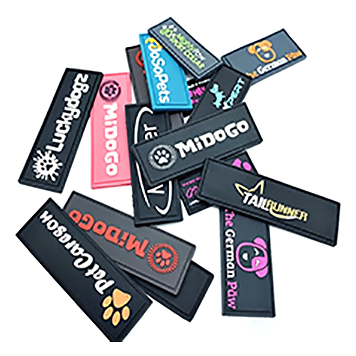 Coleccion de etiquetas rectangulares de PVC flexible con logotipos en relieve en varios colores
