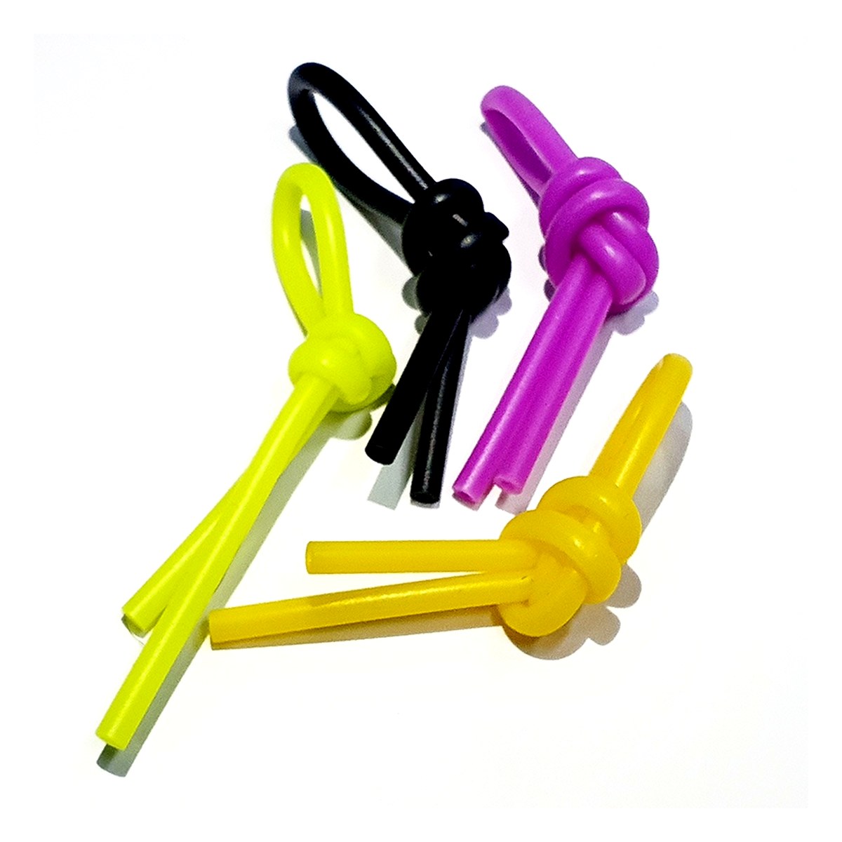 Knot-style silicone string dampers for tennis rackets in fluorescent colours